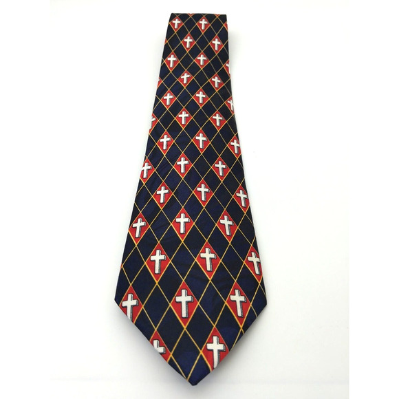 Steven Harris Mens Necktie Patriotic Blue Red White Argyle Cross Print Handmade - Picture 1 of 5